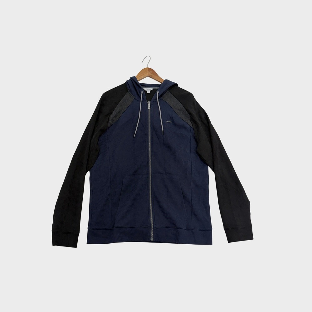 Calvin Klein Zip Up Hoodie Mens L Blue Black Textured Raglan Sweatshirt